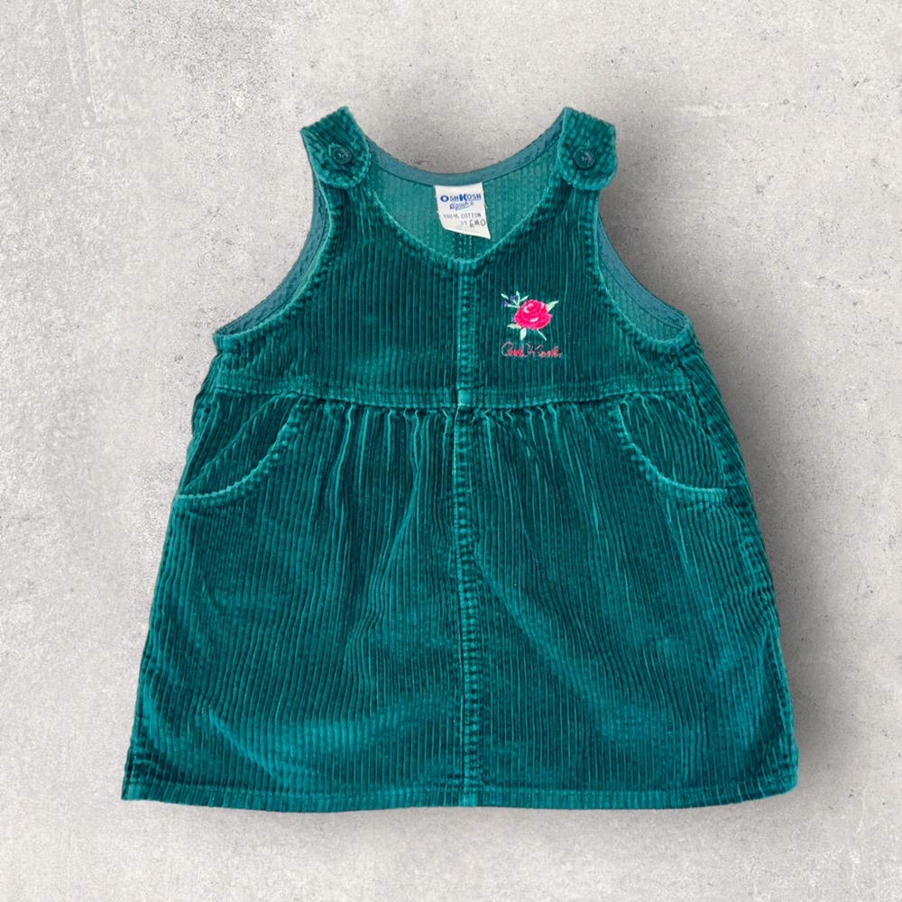 Vintage Oshkosh B’gosh Baby Green Corduroy Jumper Dress Size 3T Embroidered 90s